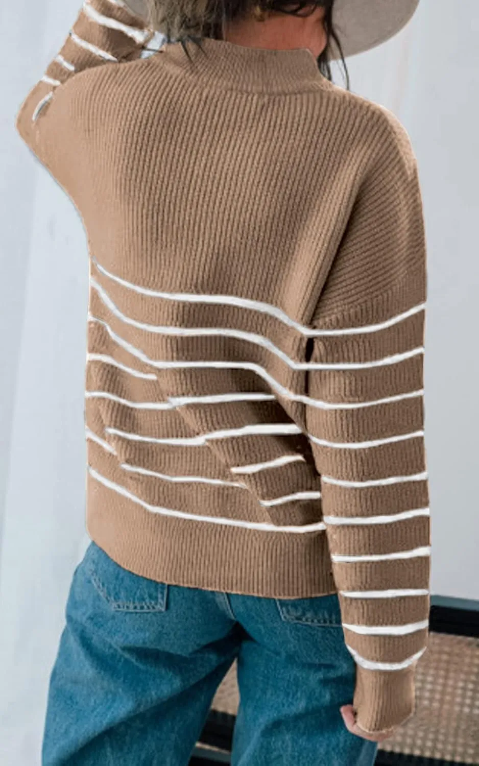 Amkoyam Women's Striped Sweaters 2023 Long Sleeves Knitted Casual Pullovers Loose Shirt Tops with Button Fall Winter
