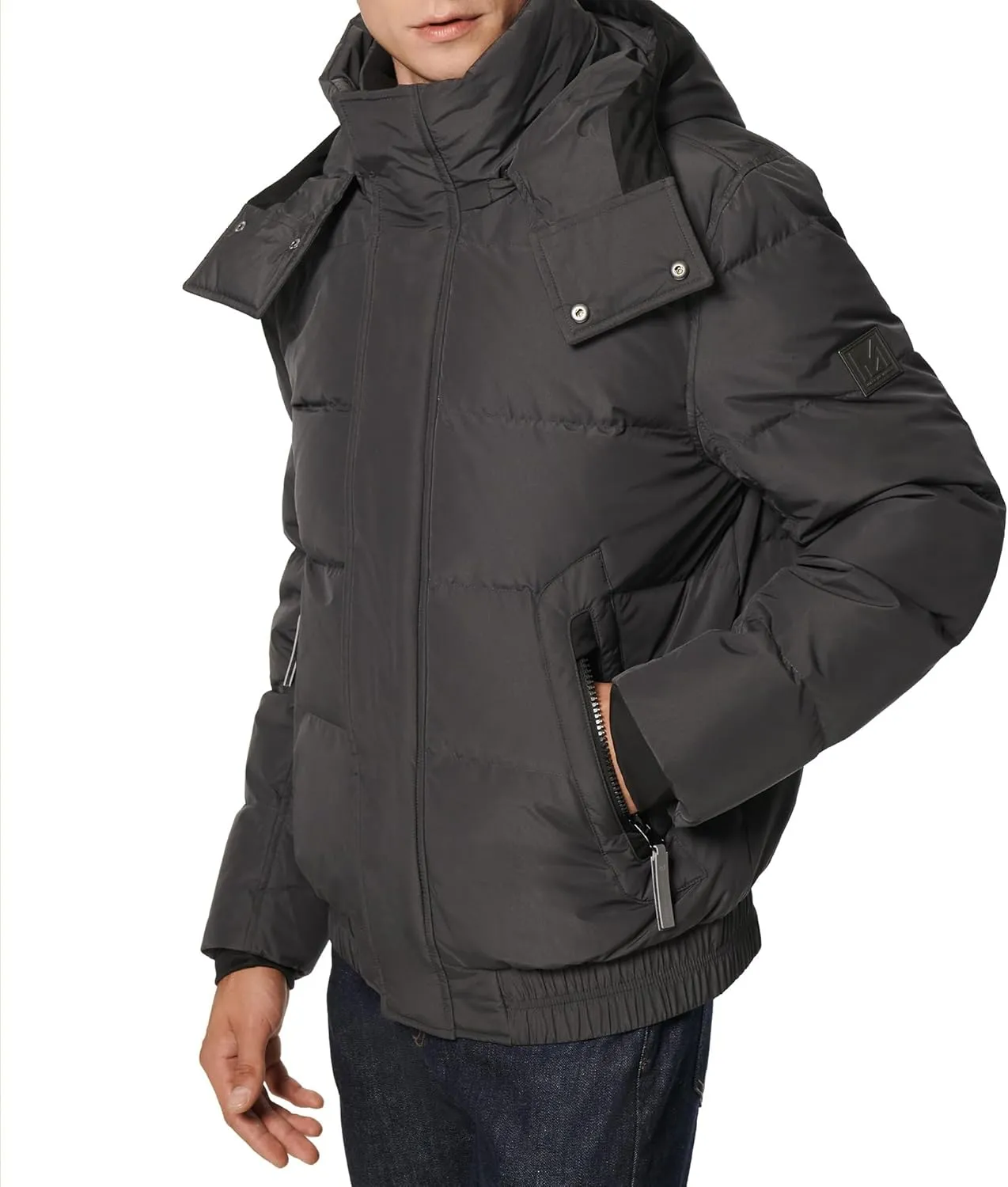 Andrew Marc Men's Short Quilted Inner Bib Attached Down Fill Phoenix Down Bomber Hybrid