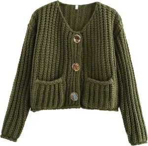 Arssm Womens Cropped Cardigan Sweaters Chunky Open Front Button Down Knit Sweater Long Sleeve Loose Cardigan Outerwear