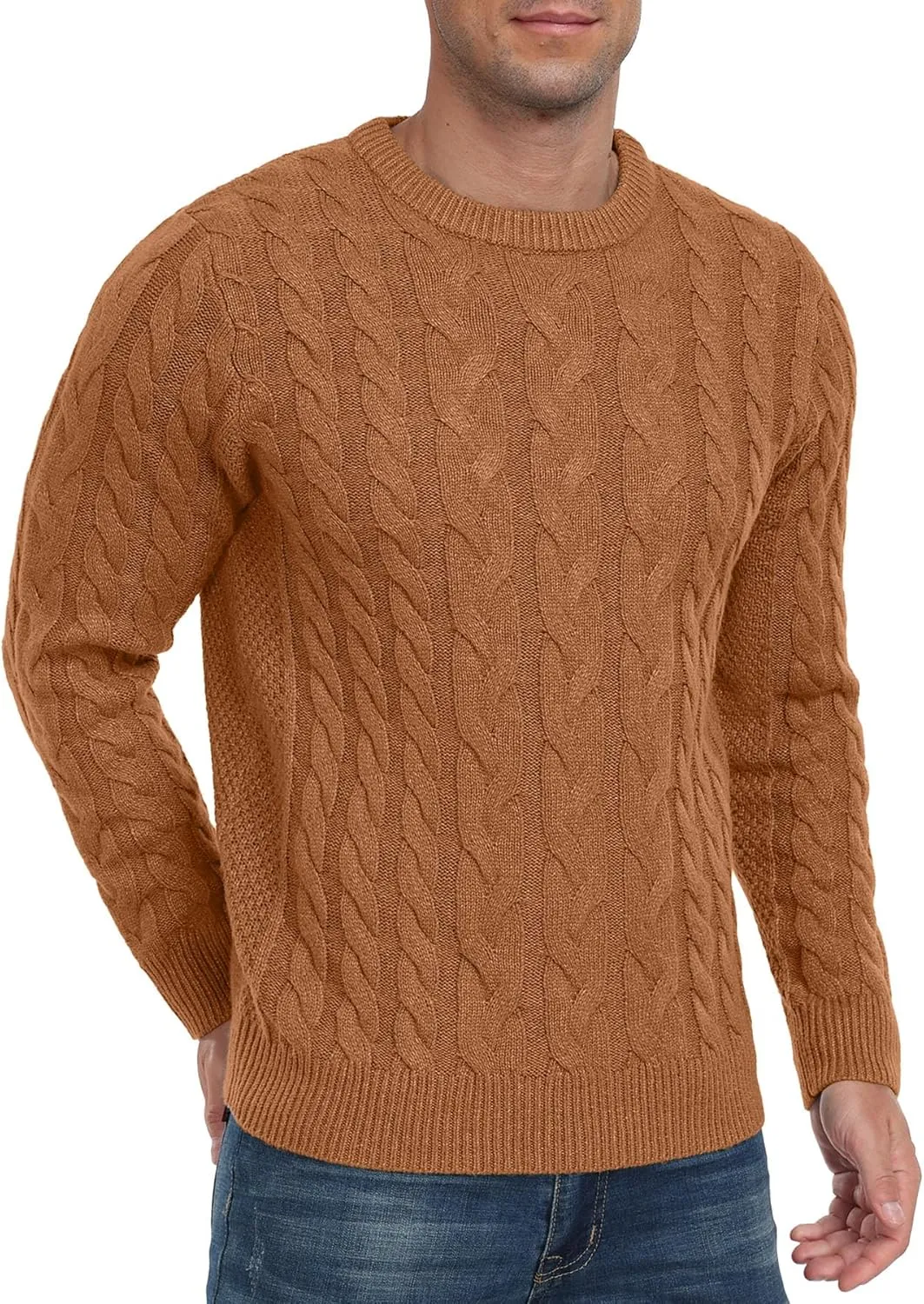 Askdeer Men's Crewneck Pullover Sweater Chunky Cable Knit Sweater Classic Casual Sweaters with Ribbing Edge
