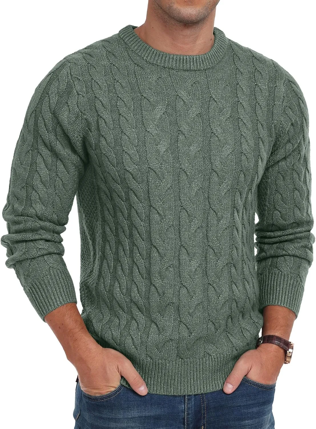 Askdeer Men's Crewneck Pullover Sweater Chunky Cable Knit Sweater Classic Casual Sweaters with Ribbing Edge