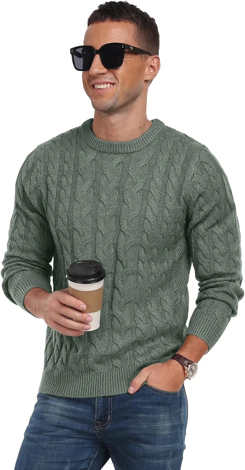 Askdeer Men's Crewneck Pullover Sweater Chunky Cable Knit Sweater Classic Casual Sweaters with Ribbing Edge