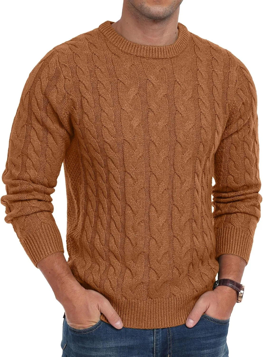 Askdeer Men's Crewneck Pullover Sweater Chunky Cable Knit Sweater Classic Casual Sweaters with Ribbing Edge