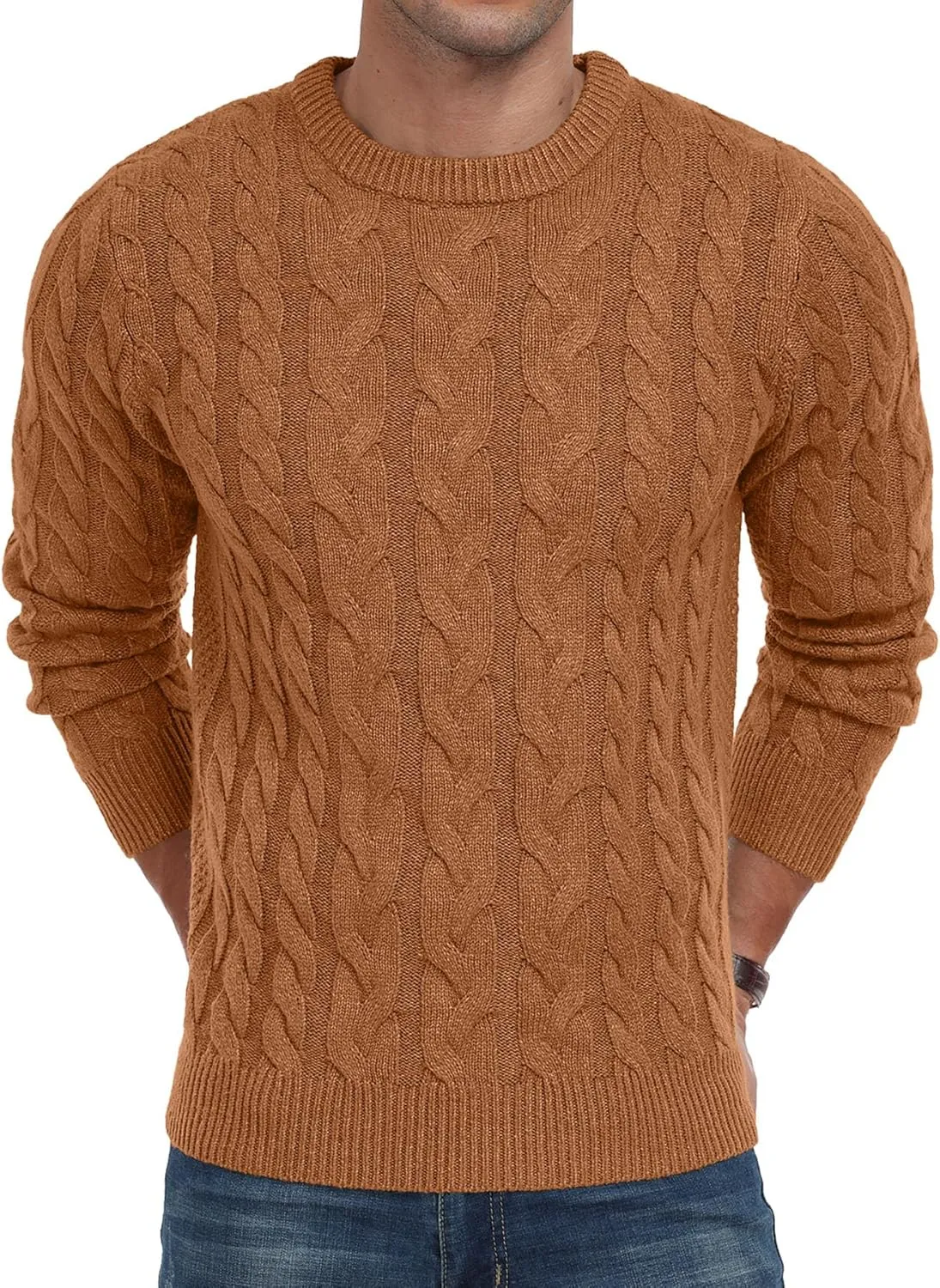 Askdeer Men's Crewneck Pullover Sweater Chunky Cable Knit Sweater Classic Casual Sweaters with Ribbing Edge