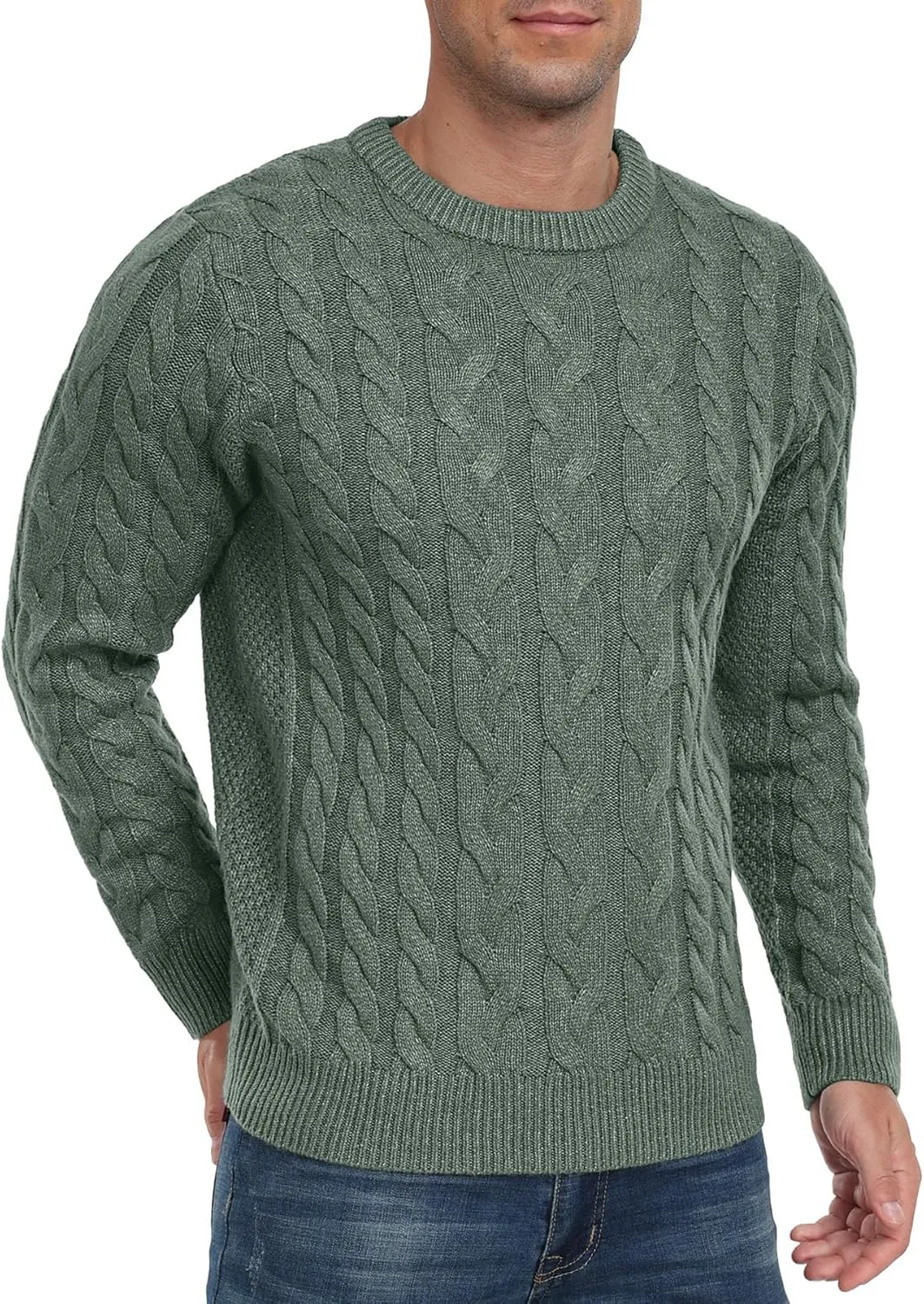 Askdeer Men's Crewneck Pullover Sweater Chunky Cable Knit Sweater Classic Casual Sweaters with Ribbing Edge