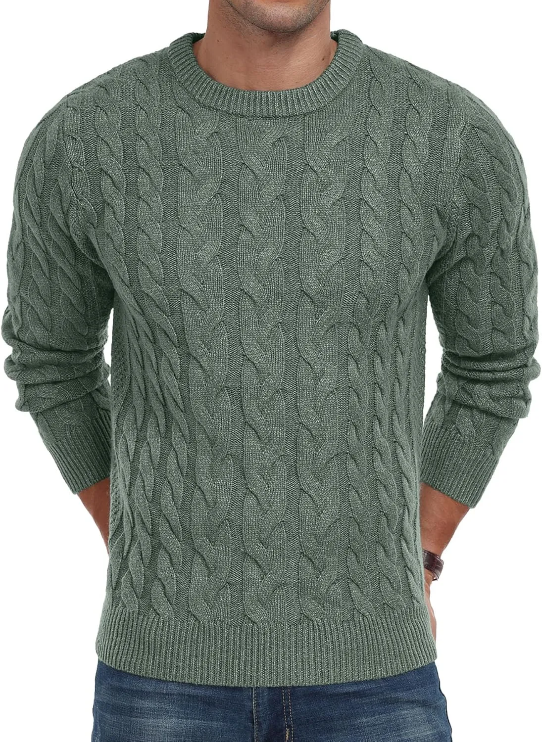 Askdeer Men's Crewneck Pullover Sweater Chunky Cable Knit Sweater Classic Casual Sweaters with Ribbing Edge