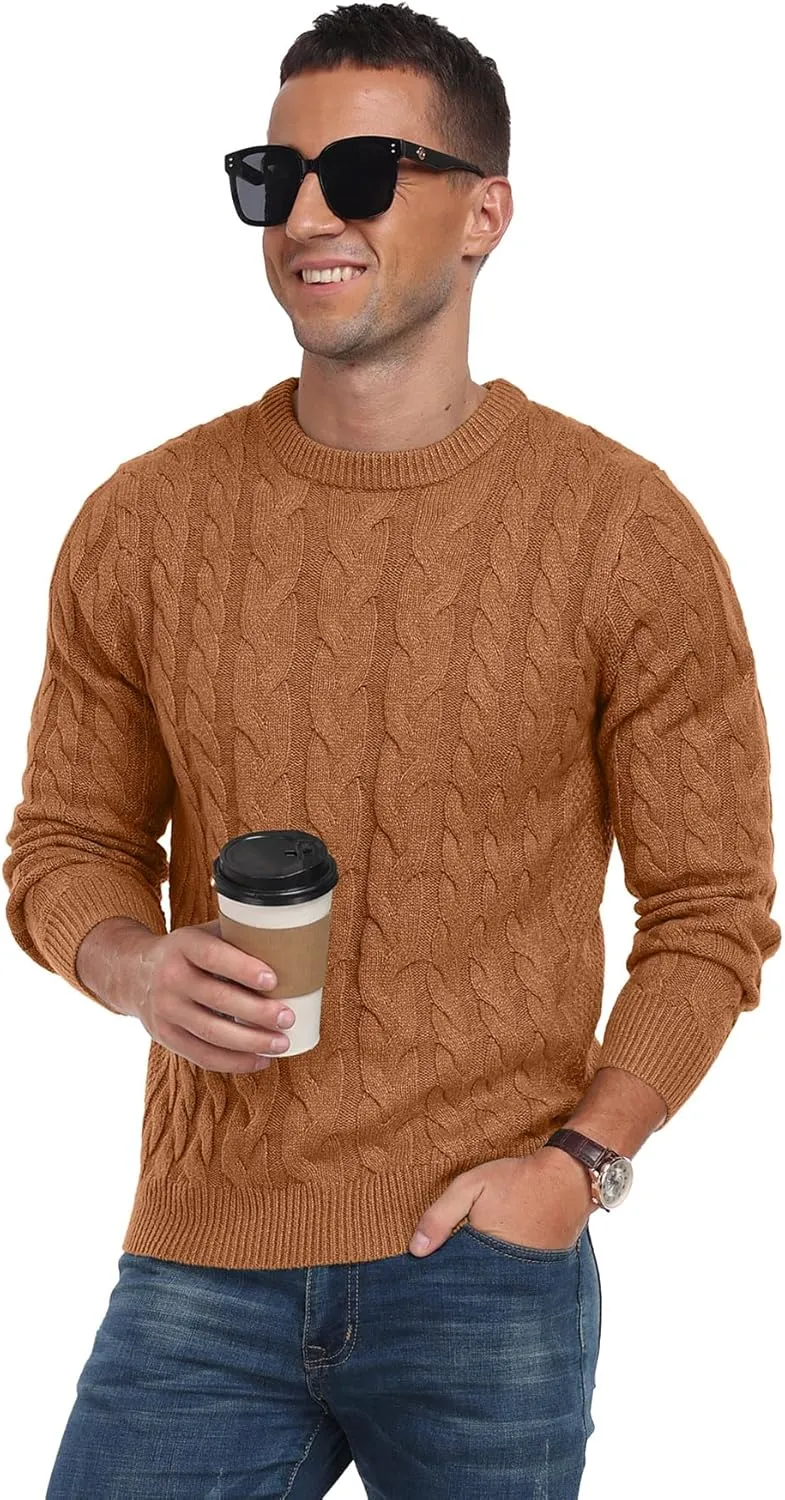 Askdeer Men's Crewneck Pullover Sweater Chunky Cable Knit Sweater Classic Casual Sweaters with Ribbing Edge