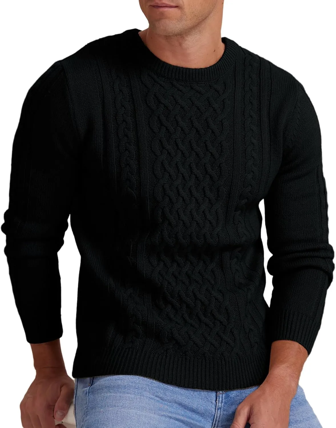 Askdeer Men's Pullover Sweater Fisherman Cable Knit Crewneck Sweater Winter Casual Knitted Sweaters with Ribbing Edge