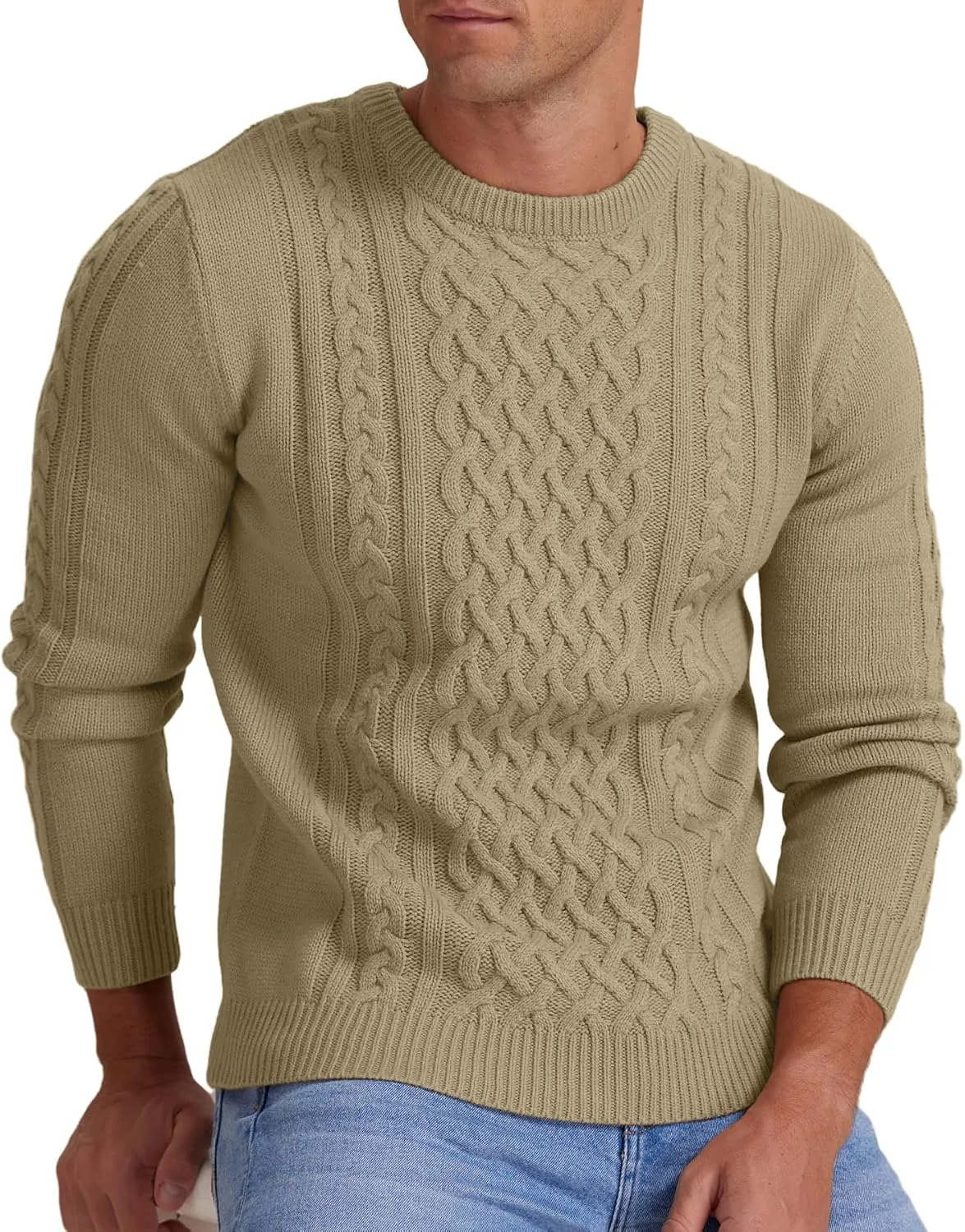 Askdeer Men's Pullover Sweater Fisherman Cable Knit Crewneck Sweater Winter Casual Knitted Sweaters with Ribbing Edge