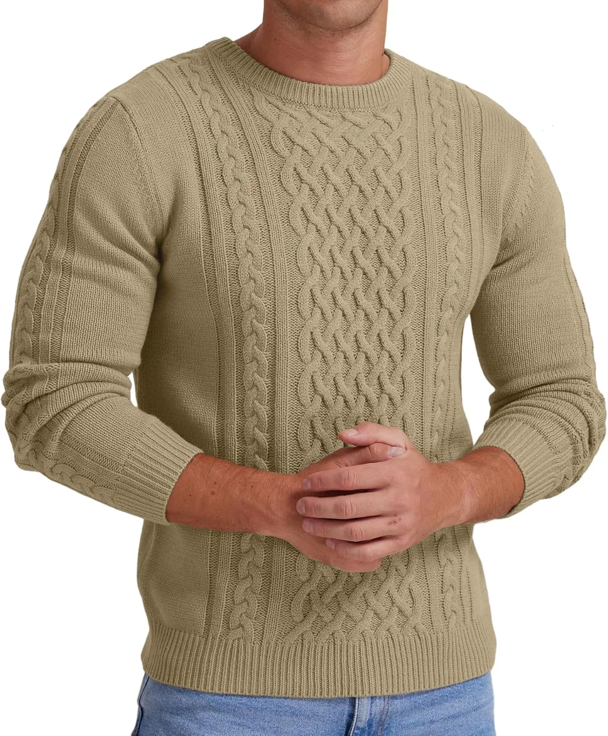 Askdeer Men's Pullover Sweater Fisherman Cable Knit Crewneck Sweater Winter Casual Knitted Sweaters with Ribbing Edge