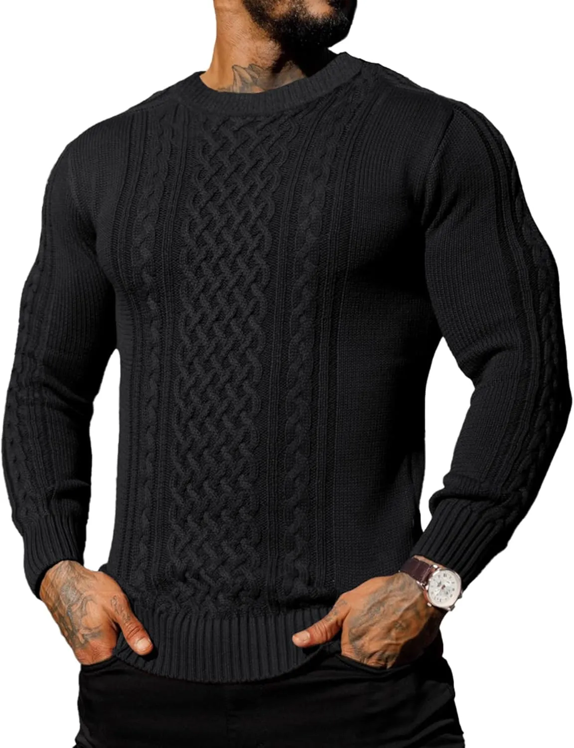 Askdeer Men's Pullover Sweater Fisherman Cable Knit Crewneck Sweater Winter Casual Knitted Sweaters with Ribbing Edge