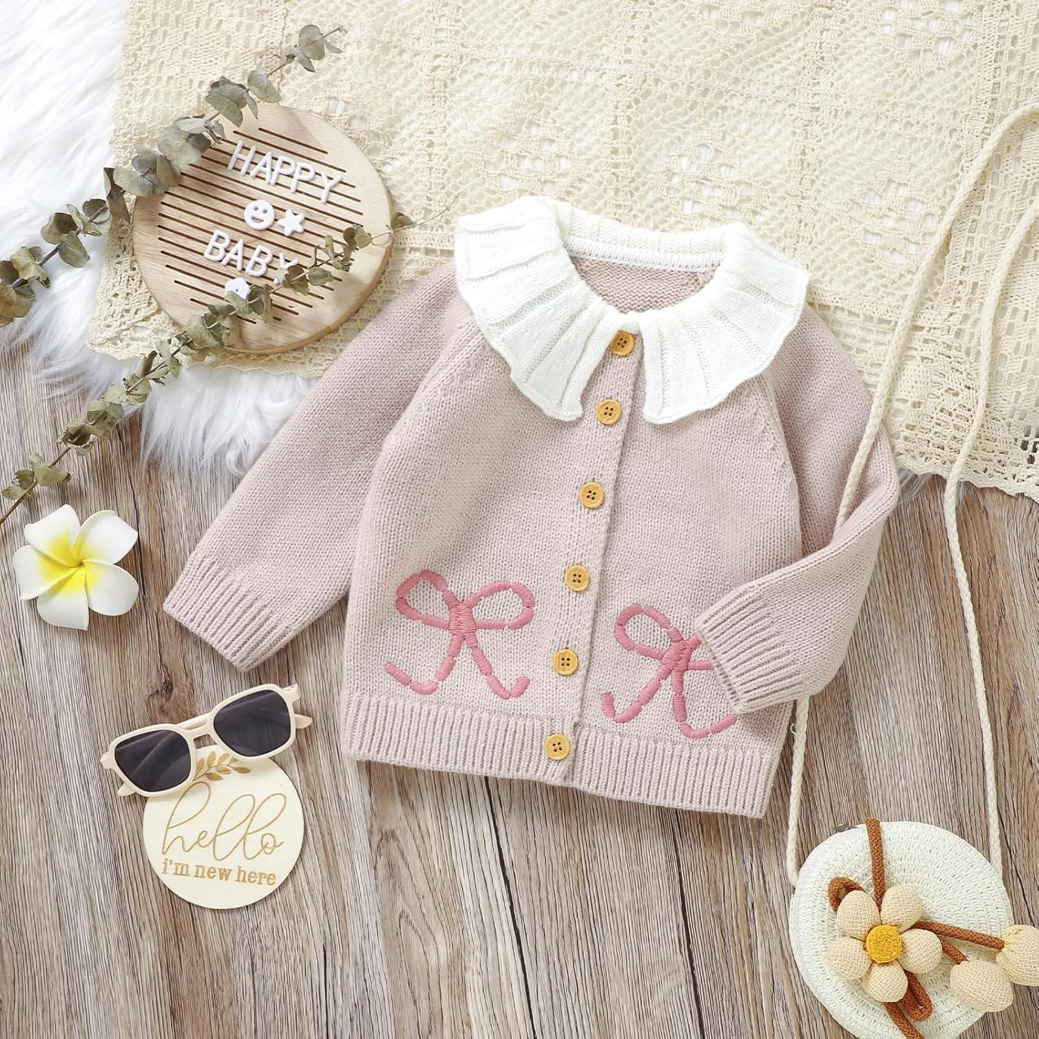 Baby Girl Cardigan Knit Sweater Animal Embroidery Chunky Coat Doll Collar Knitwear Toddler Infant Spring Clothes