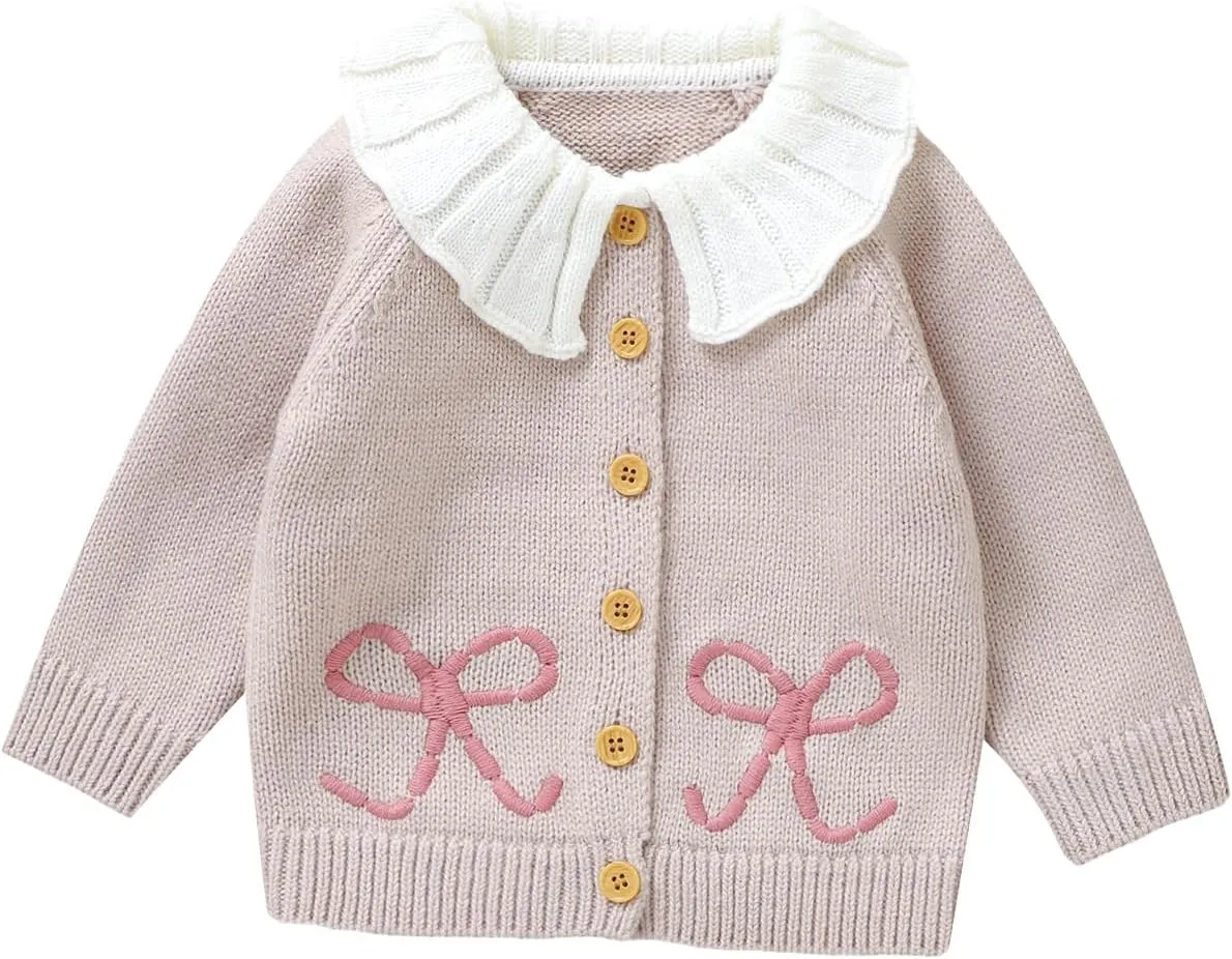 Baby Girl Cardigan Knit Sweater Animal Embroidery Chunky Coat Doll Collar Knitwear Toddler Infant Spring Clothes