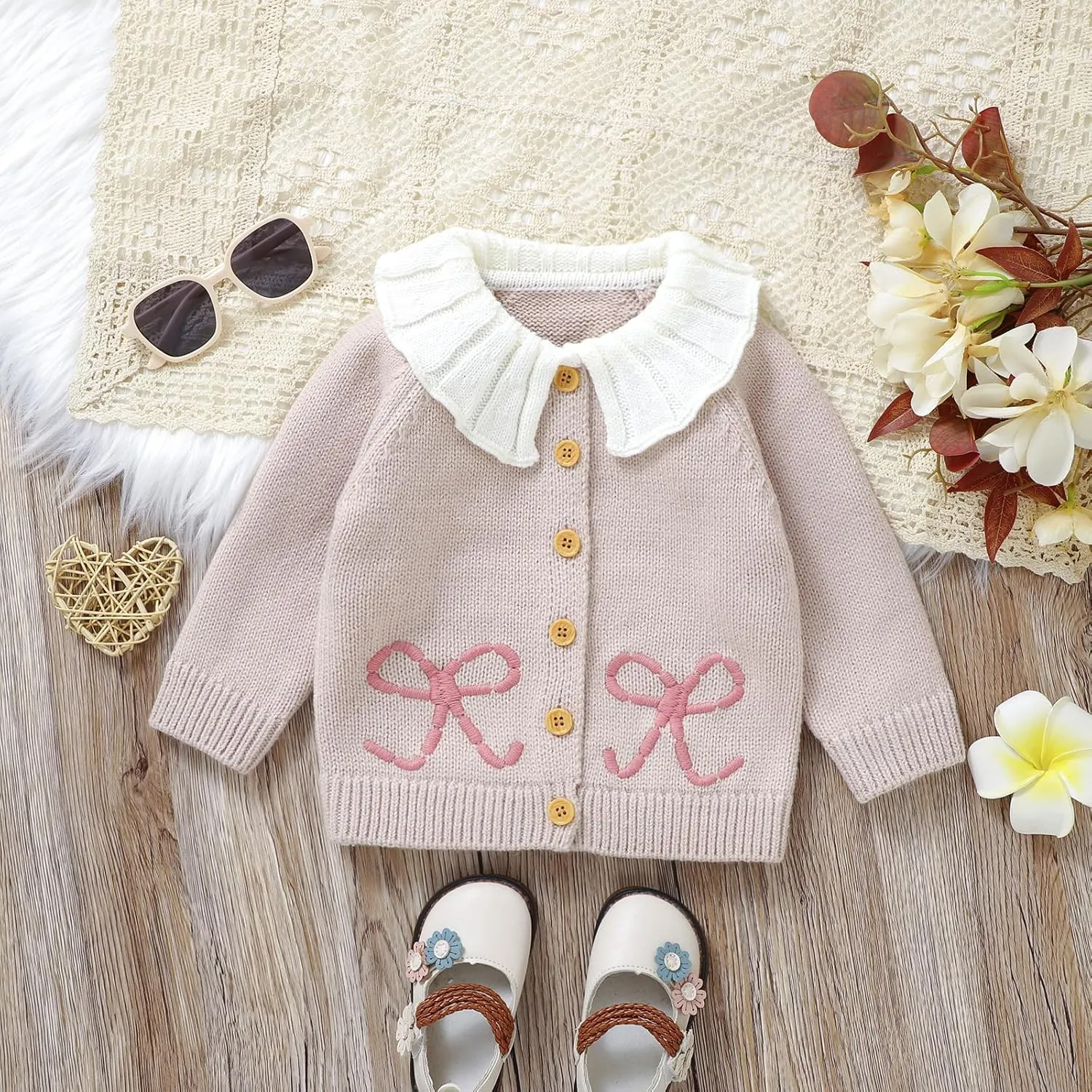 Baby Girl Cardigan Knit Sweater Animal Embroidery Chunky Coat Doll Collar Knitwear Toddler Infant Spring Clothes