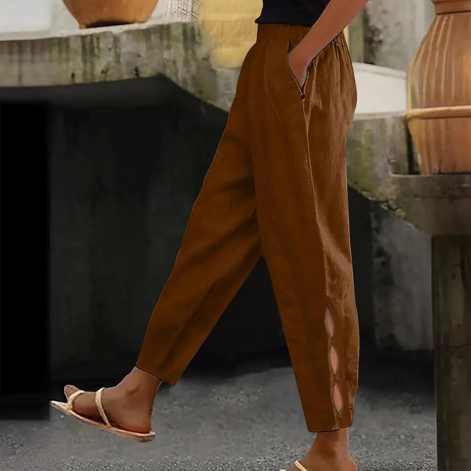 Baggy Pants Women Summer Loose High Waisted Pants Palazzo Comfy Slacks with Pocket Cotton Linen Long Trousers