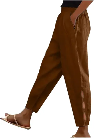 Baggy Pants Women Summer Loose High Waisted Pants Palazzo Comfy Slacks with Pocket Cotton Linen Long Trousers