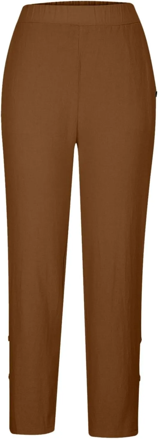 Baggy Pants Women Summer Loose High Waisted Pants Palazzo Comfy Slacks with Pocket Cotton Linen Long Trousers