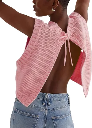 BAIGRAM Womens Open Back Knit Cropped Sweater Vest Backless Bow Tie Sleeveless Tank Tops Cute Y2k Pullover Tops Trendy