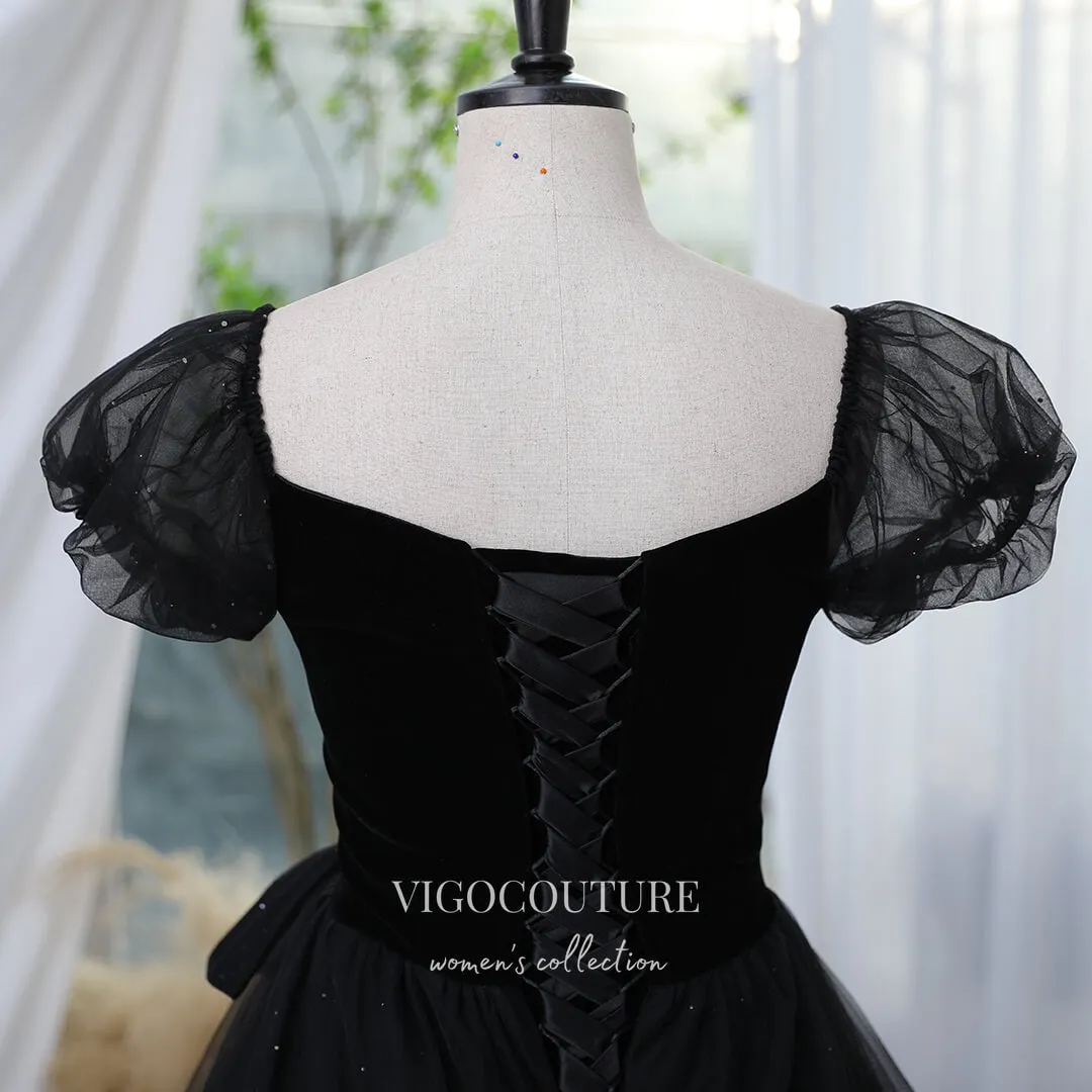 Black Sparkly Prom Dress with Puffed Sleeve 22290