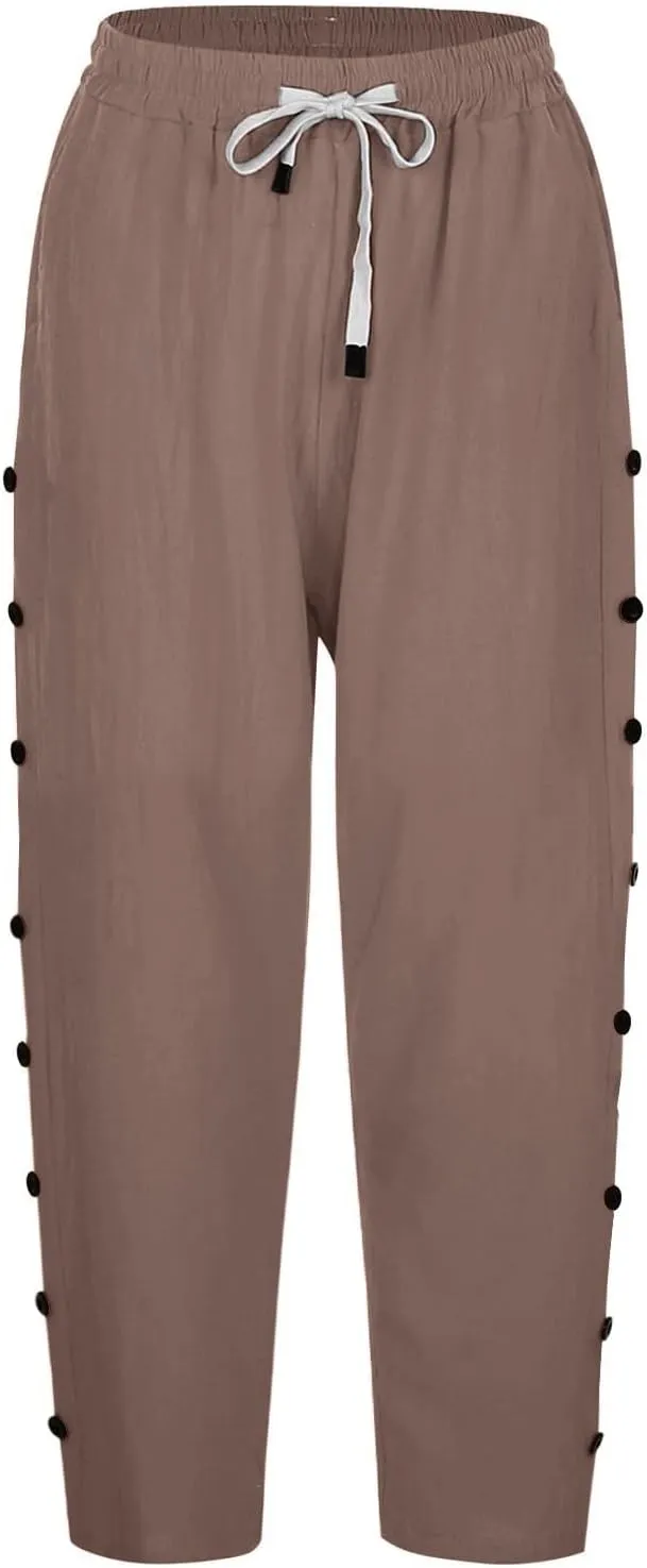 Boho Linen Pants for Women 2025 Women's Fashion Solid Color Cotton Linen Elastic Pants Beach Casual Trousers