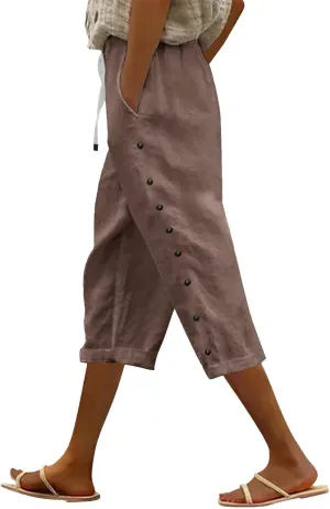 Boho Linen Pants for Women 2025 Women's Fashion Solid Color Cotton Linen Elastic Pants Beach Casual Trousers