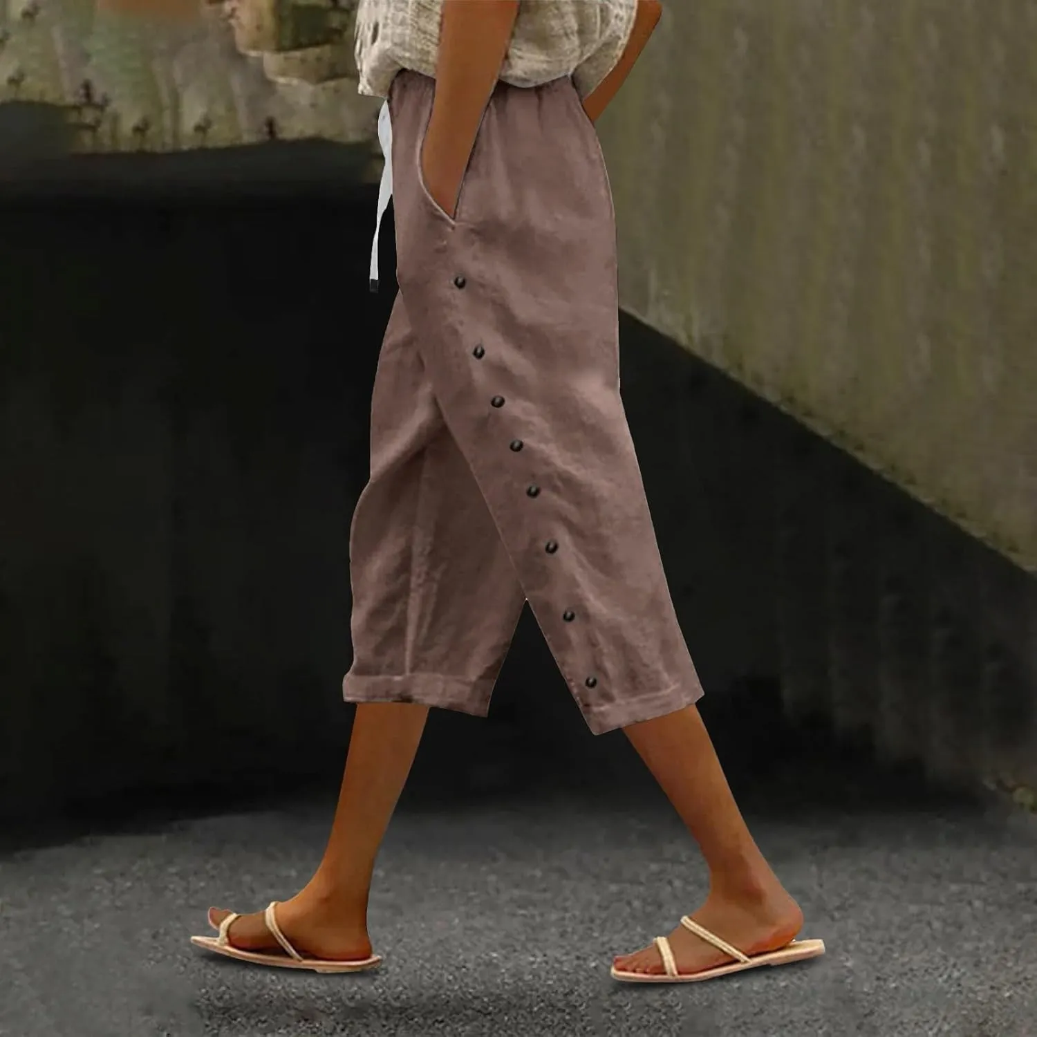 Boho Linen Pants for Women 2025 Women's Fashion Solid Color Cotton Linen Elastic Pants Beach Casual Trousers
