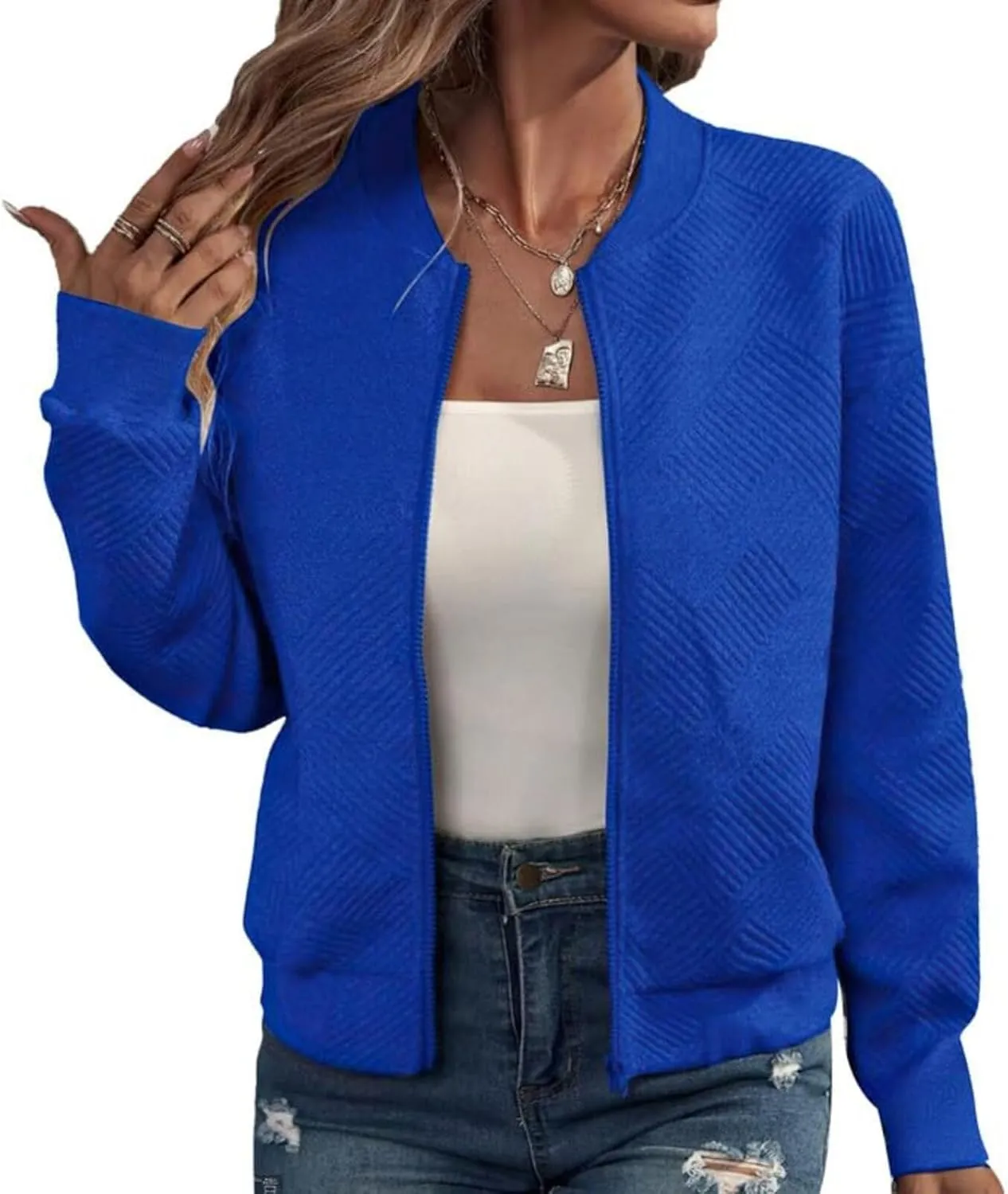 Bomber Jacket Women Lightweight Zip Up Quilted Jackets Fall 2024 Dressy Casual Full Zip Hoodies with Hidden Pockets