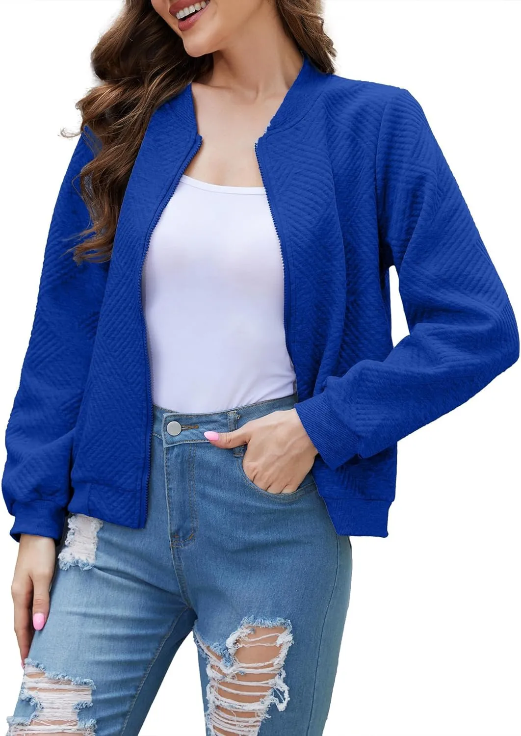 Bomber Jacket Women Lightweight Zip Up Quilted Jackets Fall 2024 Dressy Casual Full Zip Hoodies with Hidden Pockets
