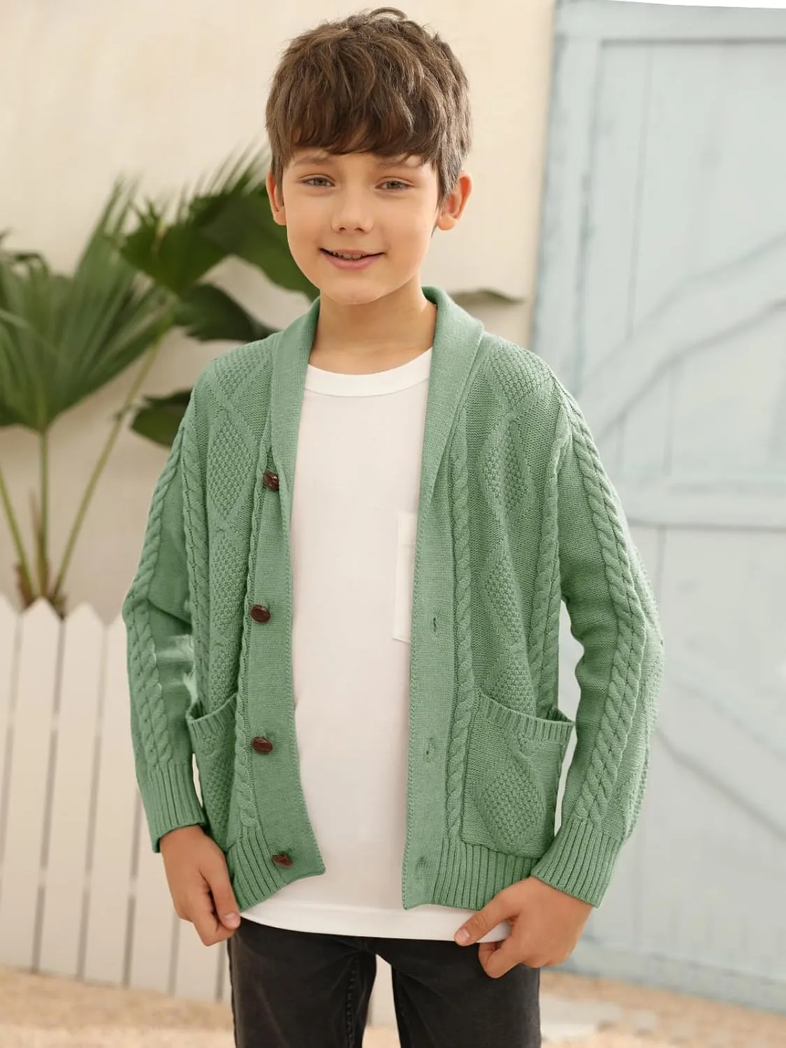 Boy's Sweater Cardigan Button Down Shawl Collar Cable Knitted Outwear Sweater Coats with Pockets