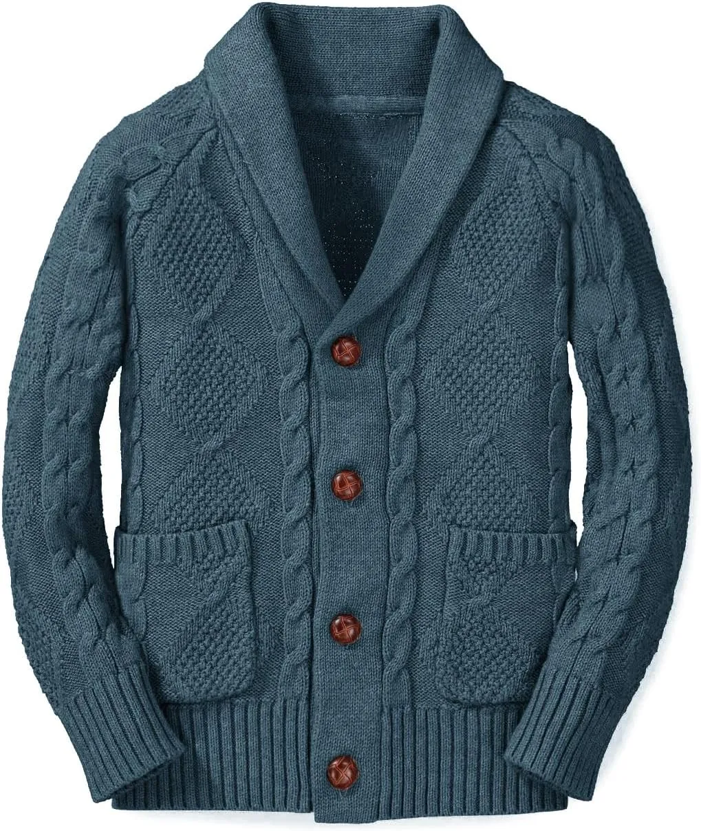 Boy's Sweater Cardigan Button Down Shawl Collar Cable Knitted Outwear Sweater Coats with Pockets