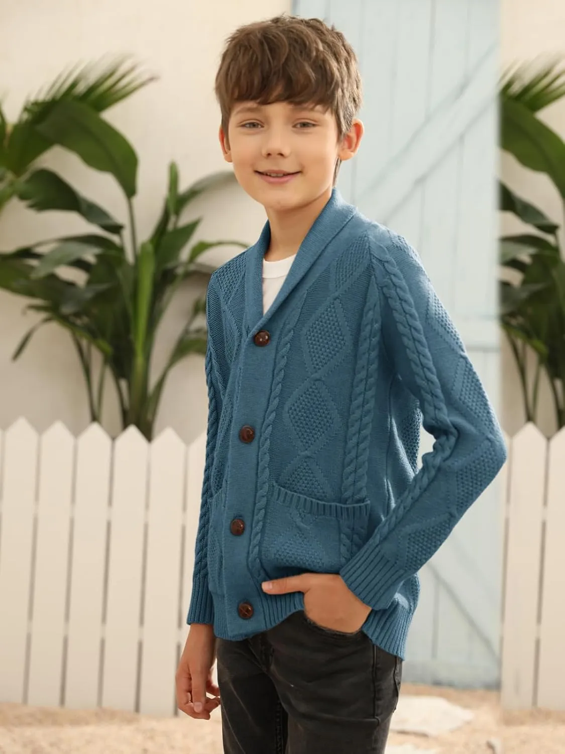 Boy's Sweater Cardigan Button Down Shawl Collar Cable Knitted Outwear Sweater Coats with Pockets