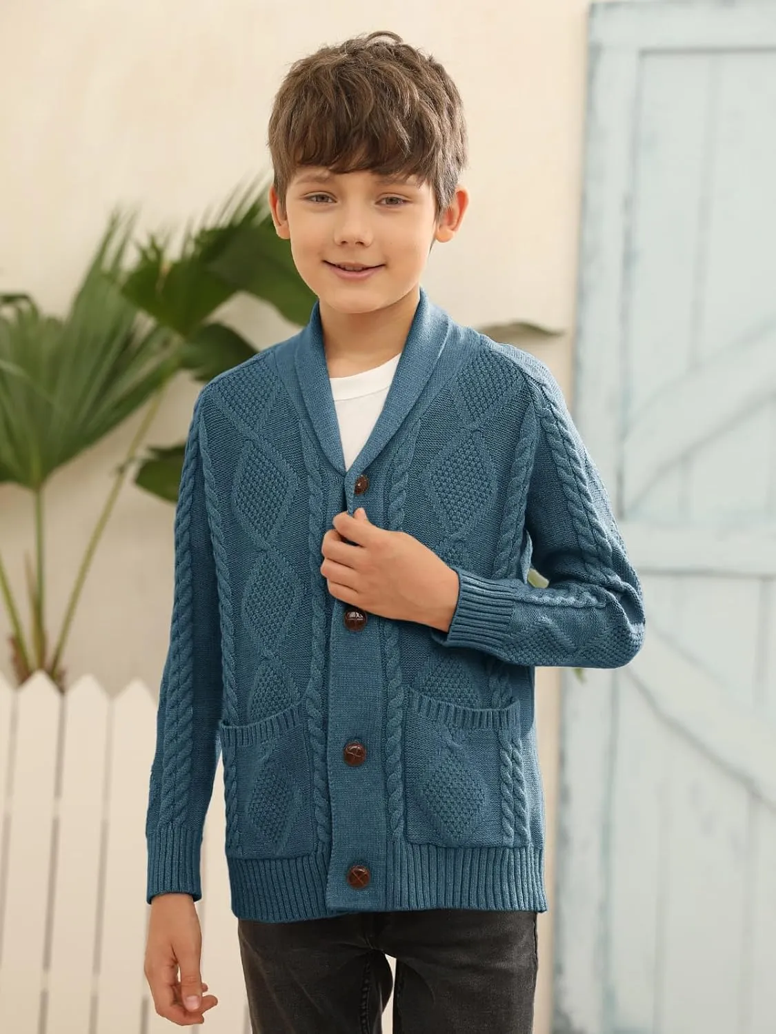 Boy's Sweater Cardigan Button Down Shawl Collar Cable Knitted Outwear Sweater Coats with Pockets