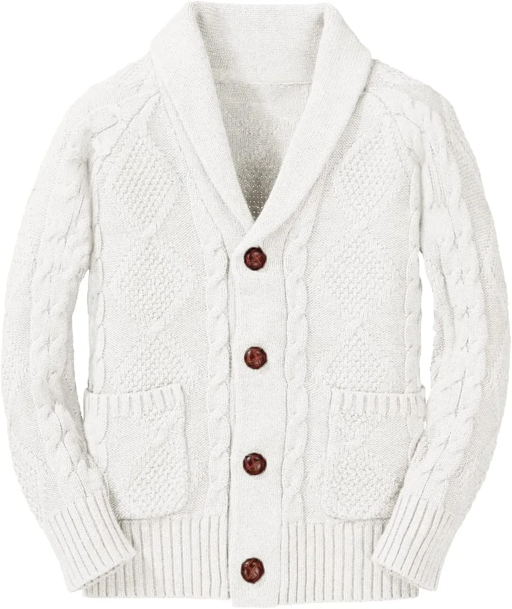 Boy's Sweater Cardigan Button Down Shawl Collar Cable Knitted Outwear Sweater Coats with Pockets