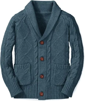 Boy's Sweater Cardigan Button Down Shawl Collar Cable Knitted Outwear Sweater Coats with Pockets