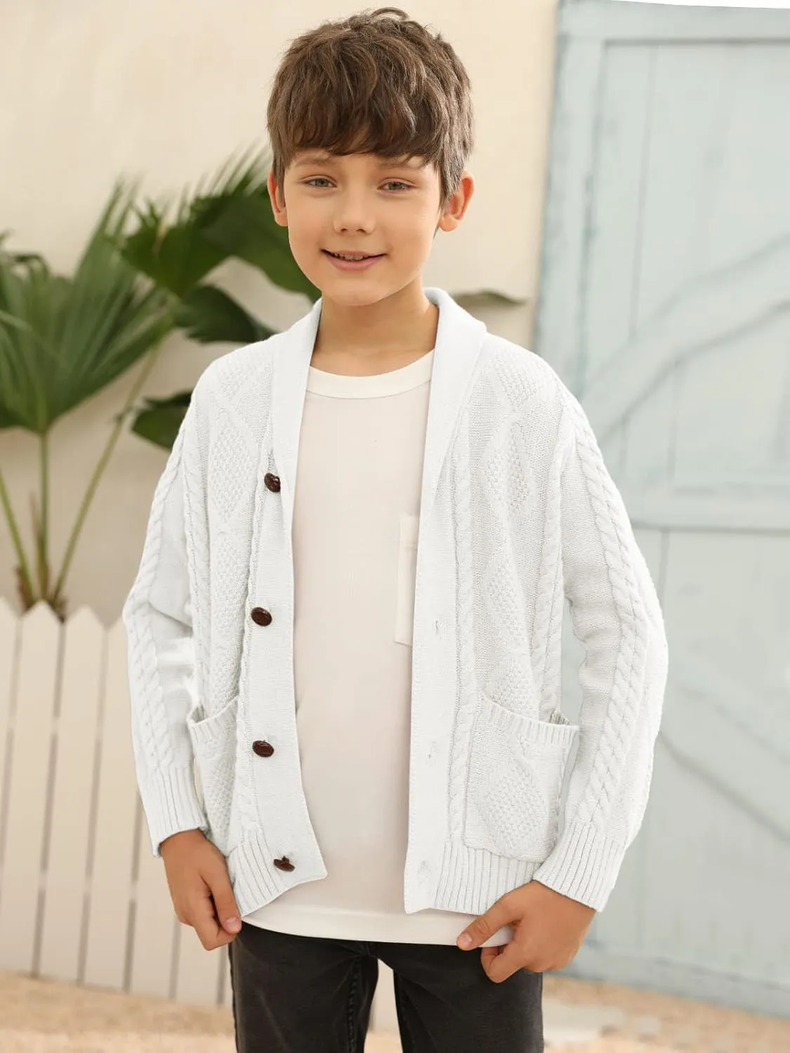 Boy's Sweater Cardigan Button Down Shawl Collar Cable Knitted Outwear Sweater Coats with Pockets