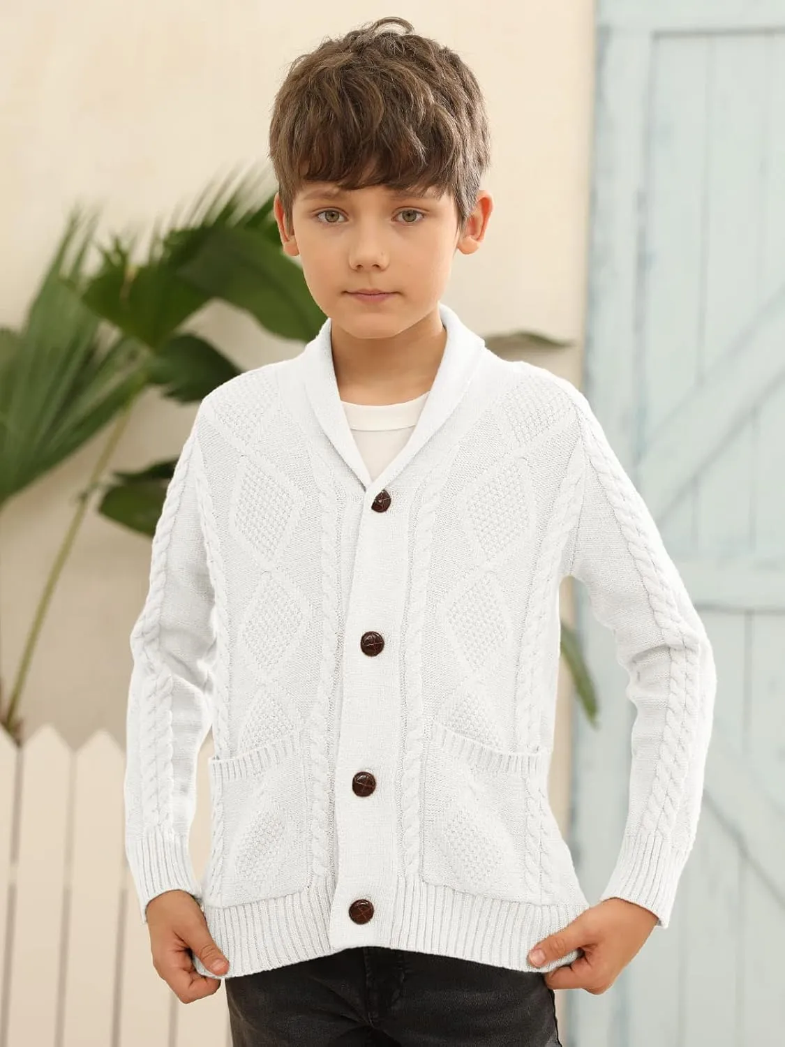 Boy's Sweater Cardigan Button Down Shawl Collar Cable Knitted Outwear Sweater Coats with Pockets
