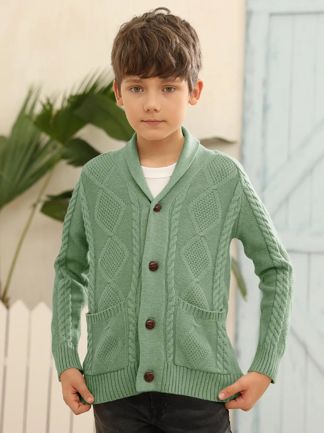 Boy's Sweater Cardigan Button Down Shawl Collar Cable Knitted Outwear Sweater Coats with Pockets