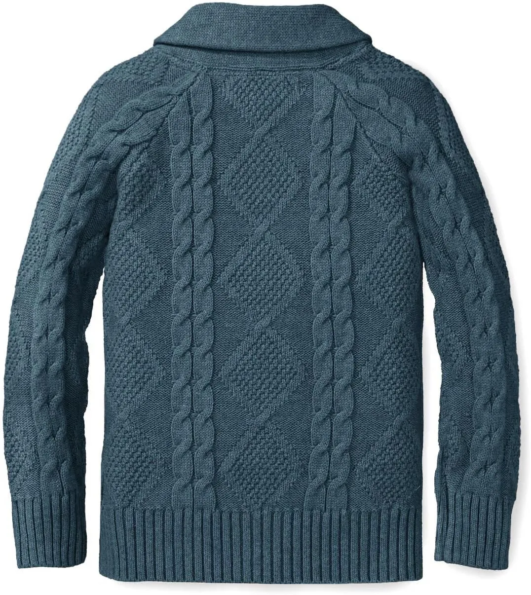 Boy's Sweater Cardigan Button Down Shawl Collar Cable Knitted Outwear Sweater Coats with Pockets