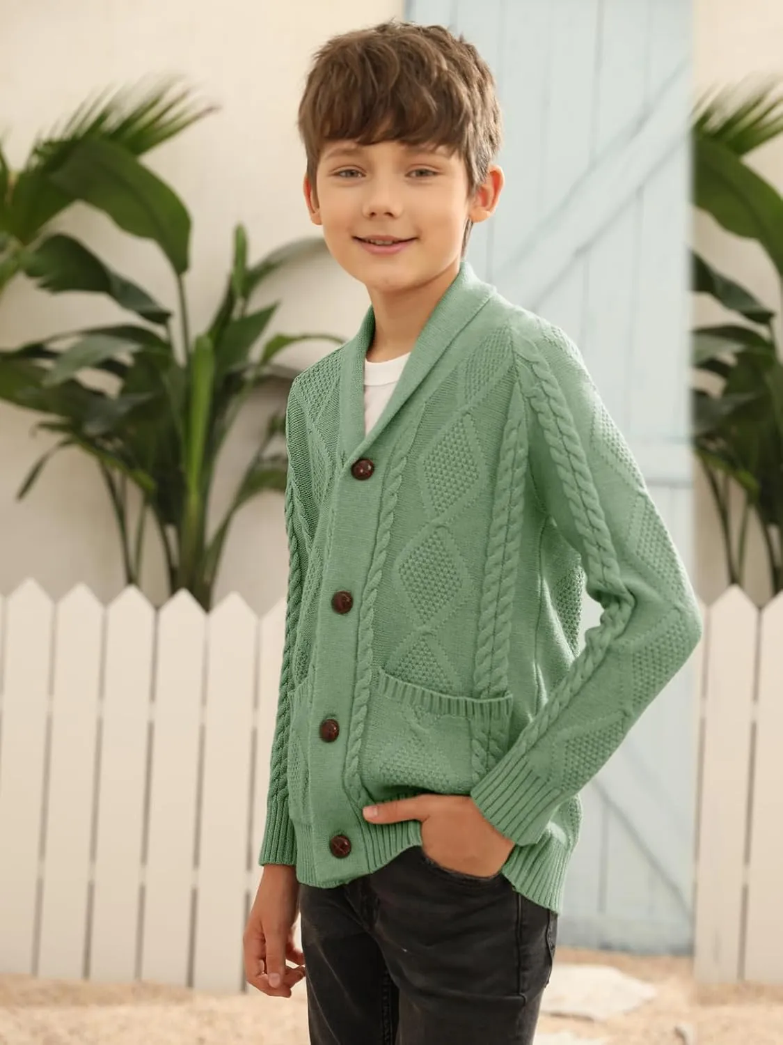 Boy's Sweater Cardigan Button Down Shawl Collar Cable Knitted Outwear Sweater Coats with Pockets
