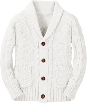 Boy's Sweater Cardigan Button Down Shawl Collar Cable Knitted Outwear Sweater Coats with Pockets