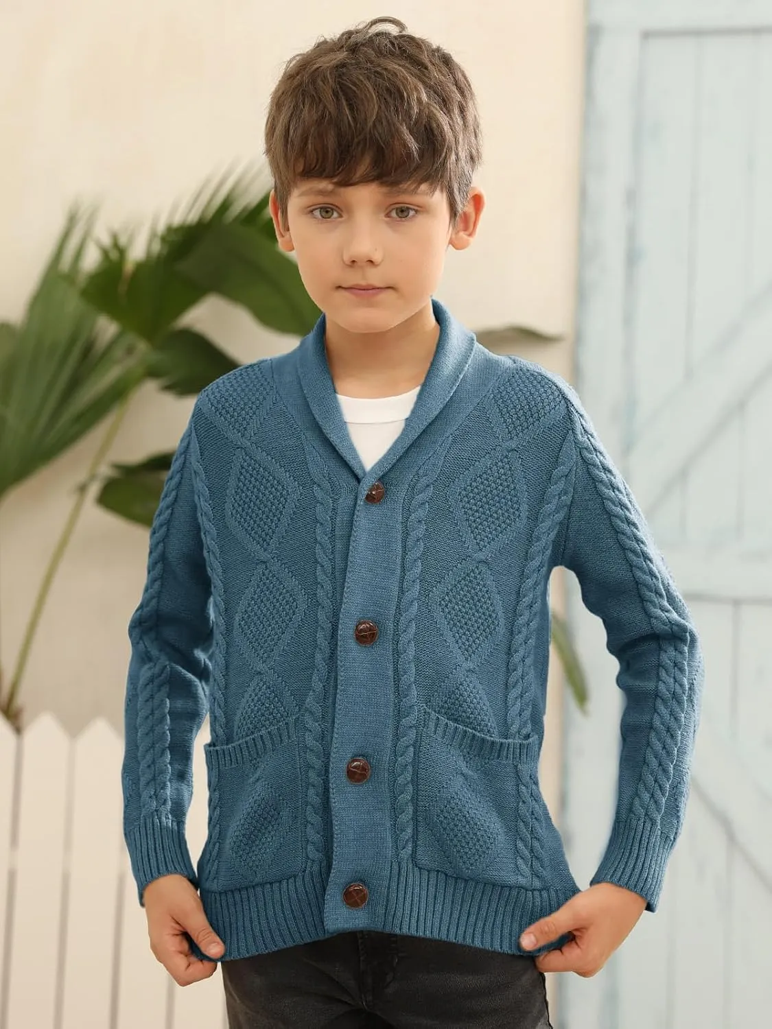 Boy's Sweater Cardigan Button Down Shawl Collar Cable Knitted Outwear Sweater Coats with Pockets