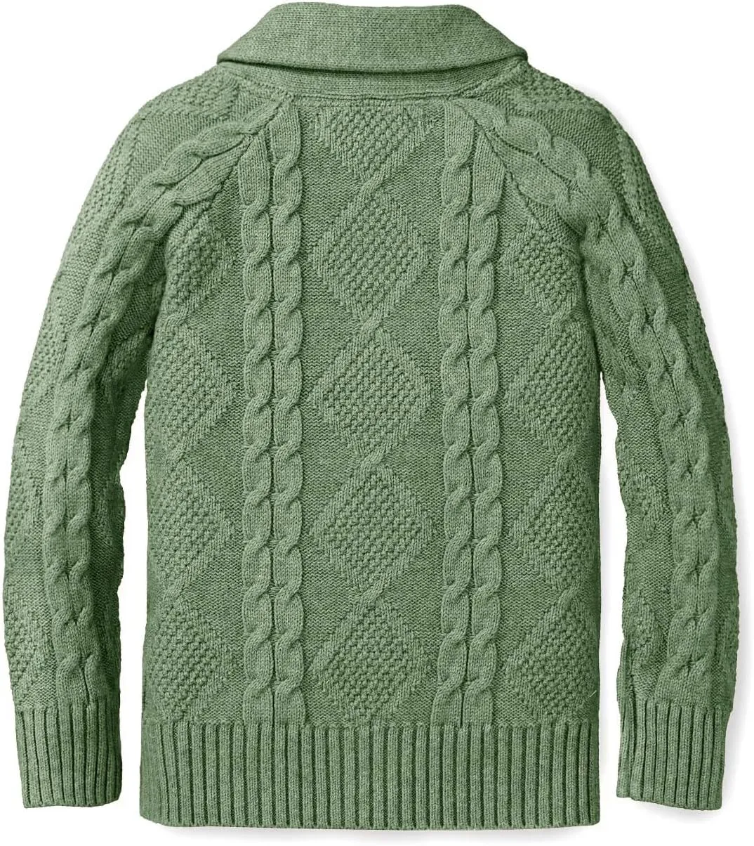 Boy's Sweater Cardigan Button Down Shawl Collar Cable Knitted Outwear Sweater Coats with Pockets