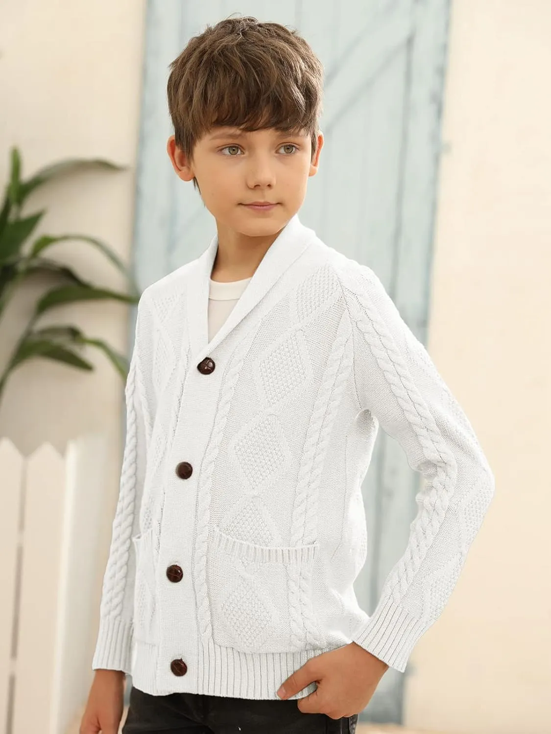 Boy's Sweater Cardigan Button Down Shawl Collar Cable Knitted Outwear Sweater Coats with Pockets