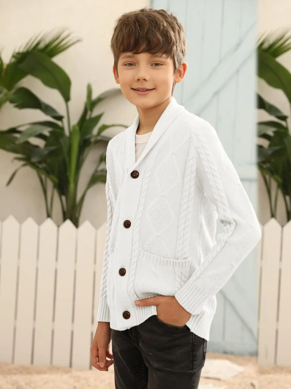 Boy's Sweater Cardigan Button Down Shawl Collar Cable Knitted Outwear Sweater Coats with Pockets