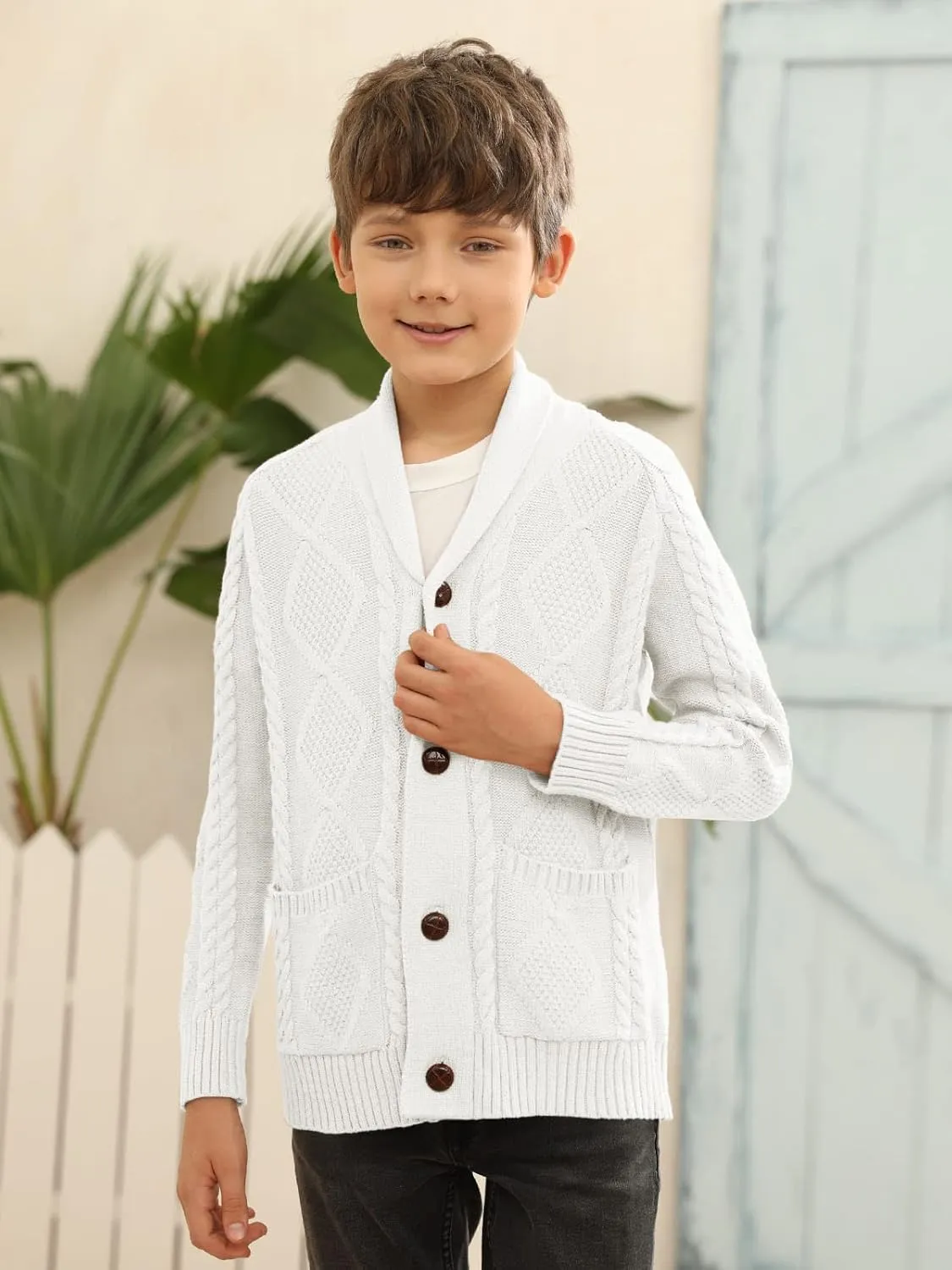 Boy's Sweater Cardigan Button Down Shawl Collar Cable Knitted Outwear Sweater Coats with Pockets