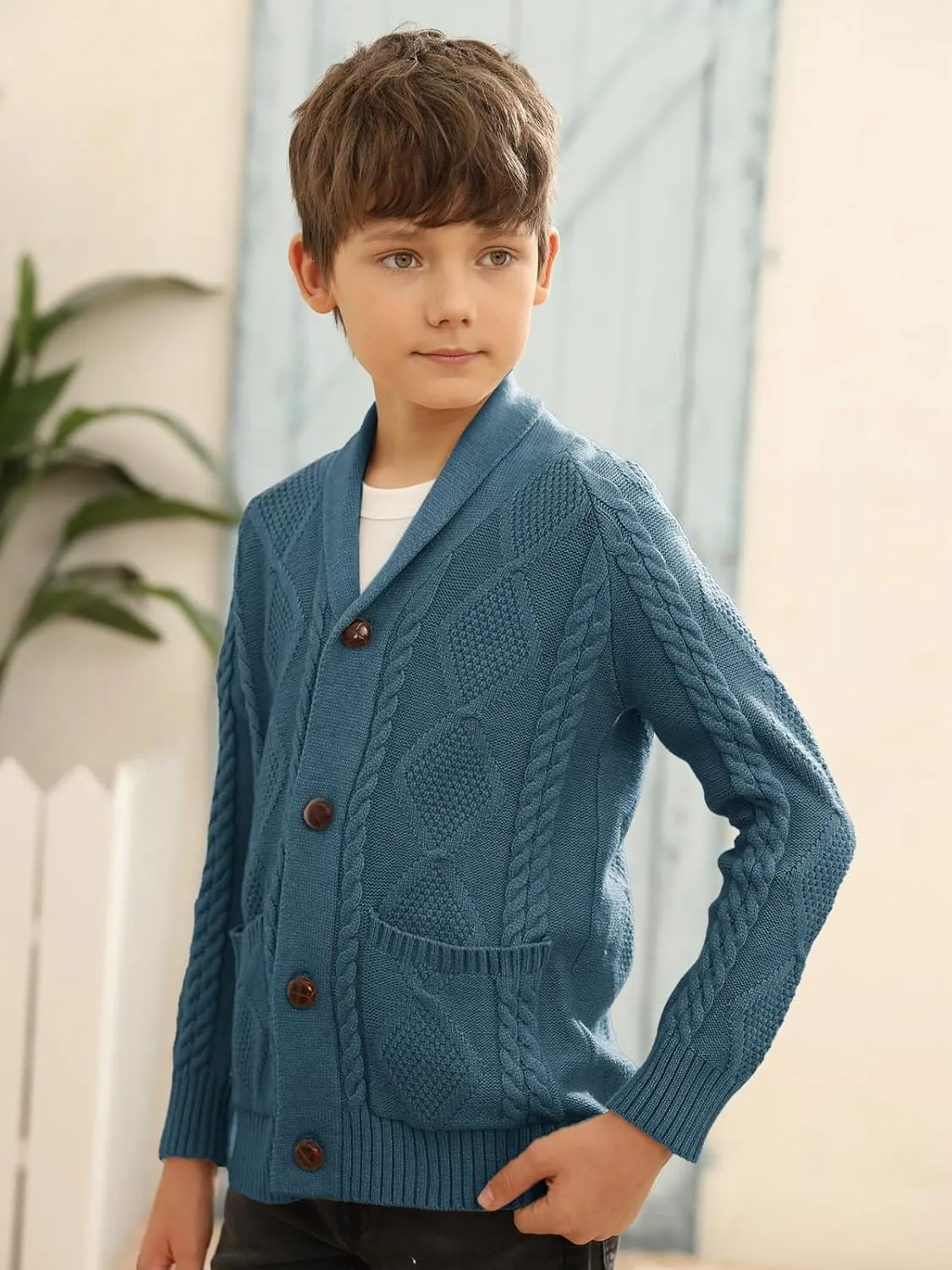 Boy's Sweater Cardigan Button Down Shawl Collar Cable Knitted Outwear Sweater Coats with Pockets