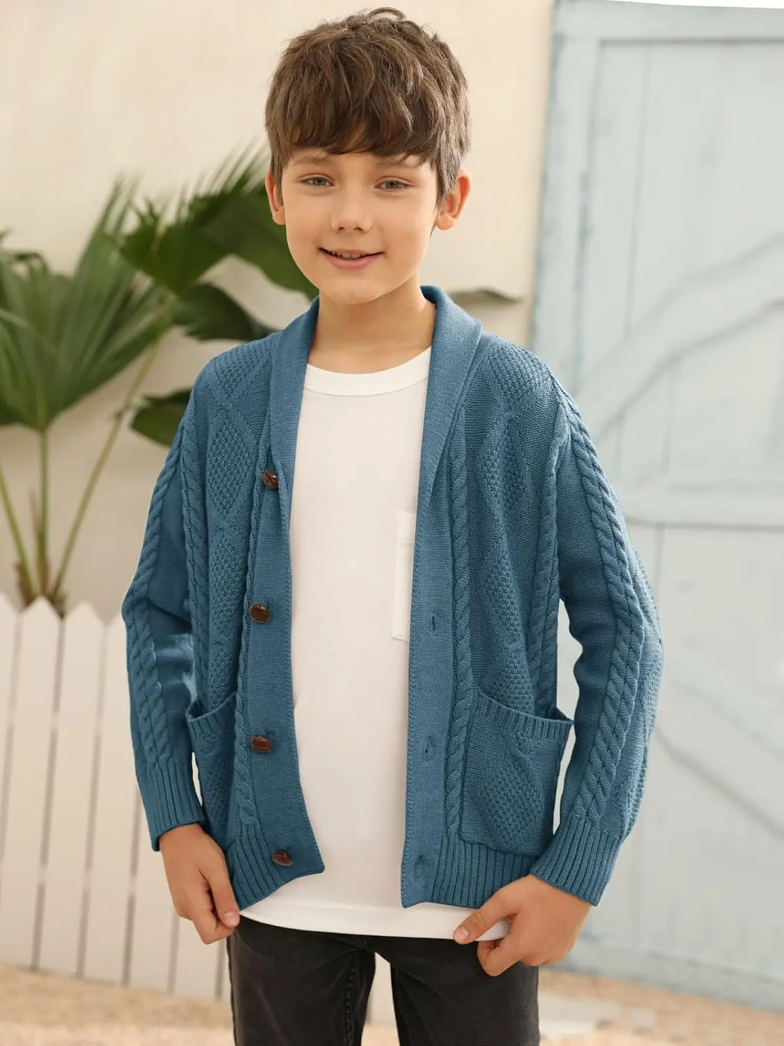 Boy's Sweater Cardigan Button Down Shawl Collar Cable Knitted Outwear Sweater Coats with Pockets