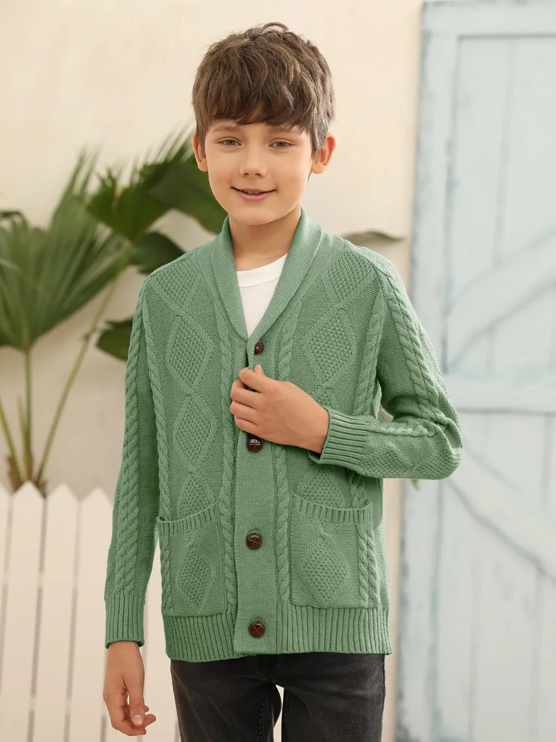 Boy's Sweater Cardigan Button Down Shawl Collar Cable Knitted Outwear Sweater Coats with Pockets