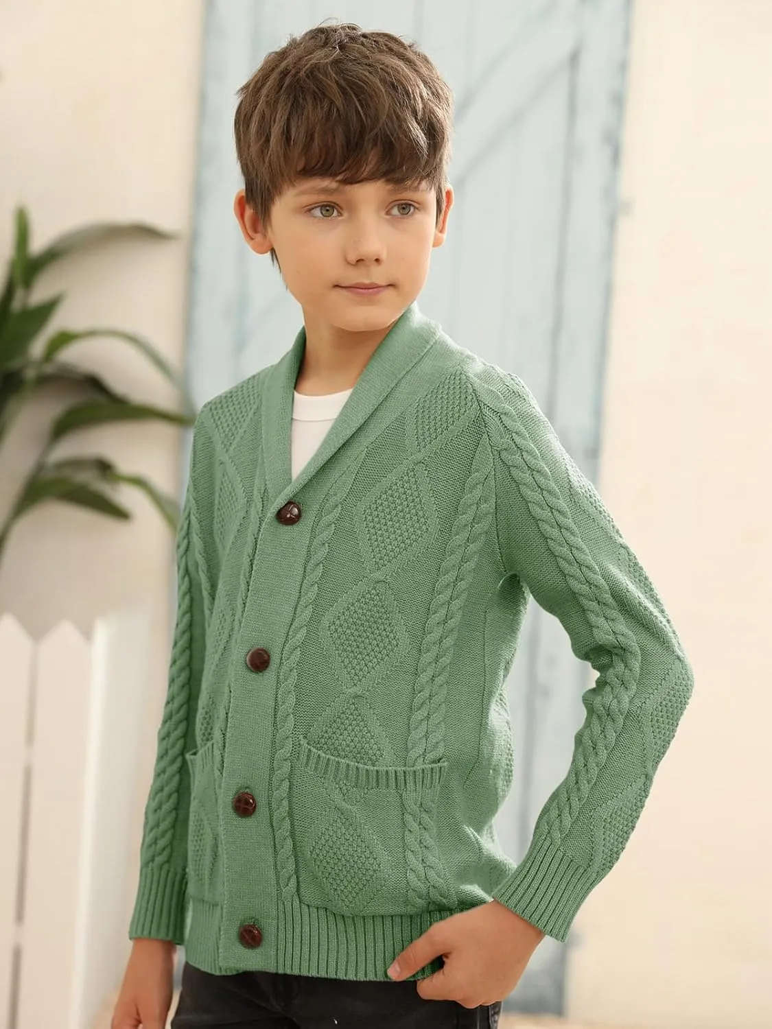 Boy's Sweater Cardigan Button Down Shawl Collar Cable Knitted Outwear Sweater Coats with Pockets