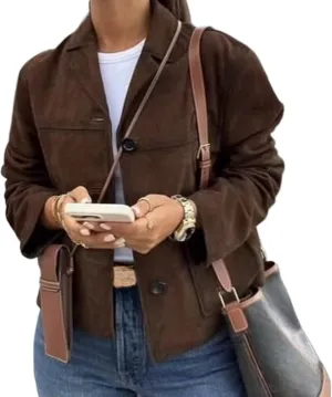 Brown Faux Leather Cropped Jacket Women Bomber Jacket Suede Jacket Y2k Outerwear Crop Blazers
